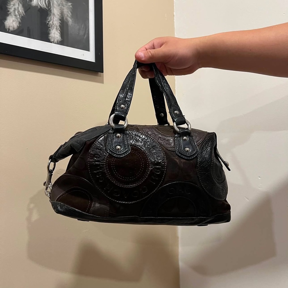 Coach Audrey Patchwork Satchel Bag Brown Black Leather Canvas F15474